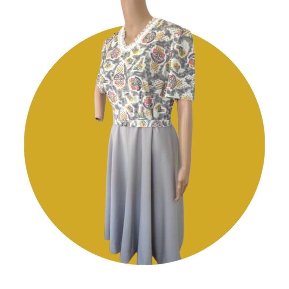 60s 70s Gray Print Dress Short Sleeve Polyester Vintage L 41 Bust - Picture 3 of 8